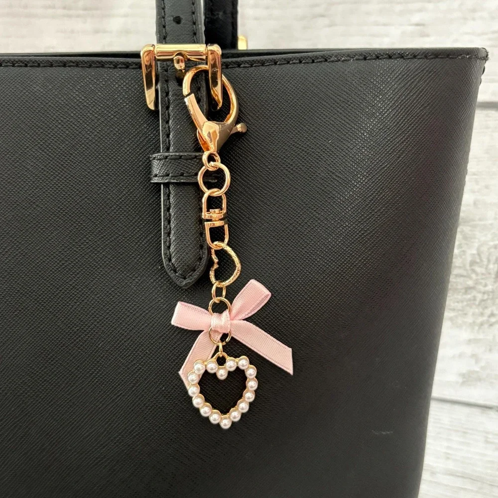 Pearl Heart and Pink Bow Purse Charm Keychain Handbag Accessory‎